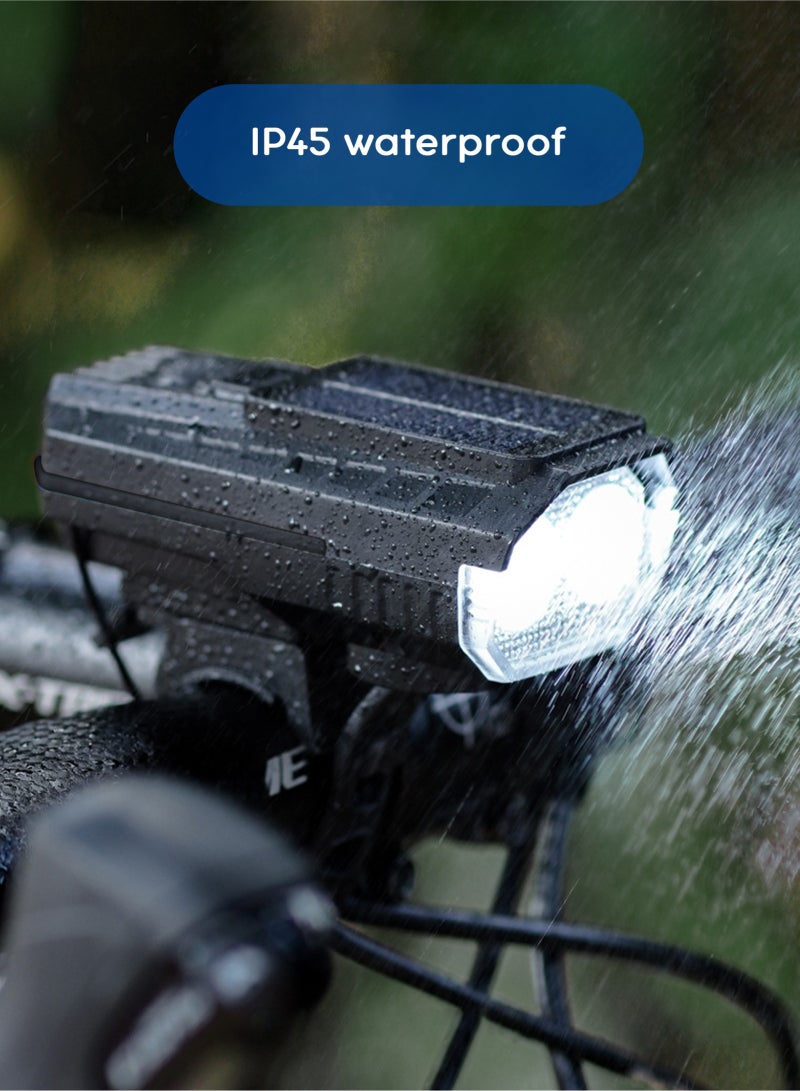 هومار كيت مصباح دراجة يعمل بالطاقة الشمسية وقابل لإعادة الشحن عبر منفذ USB-C، مزود بضوء تحذير خلفي، وبطارية سعة 1500 مللي أمبير، و4 أوضاع إضاءة، وبوق أمان بقوة 120 ديسيبل، وشاشة عرض طاقة LCD. مثالي للدراجات الهوائية على الطرقات والجبال. - Image 4